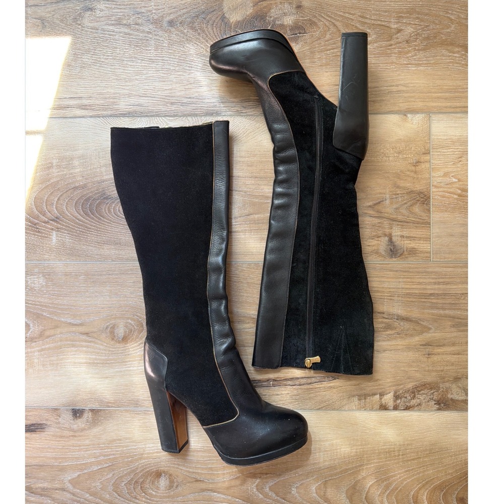 BCBGMAXAZRIA Knee High Platform Boots Black Suede Leather Chunky Heel Sz 8.5